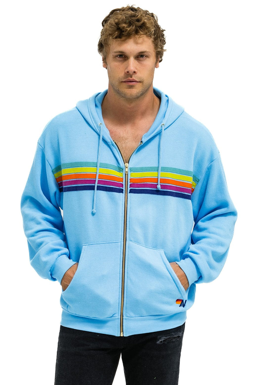 5 STRIPE RELAXED ZIP HOODIE - SKY // RAINBOW