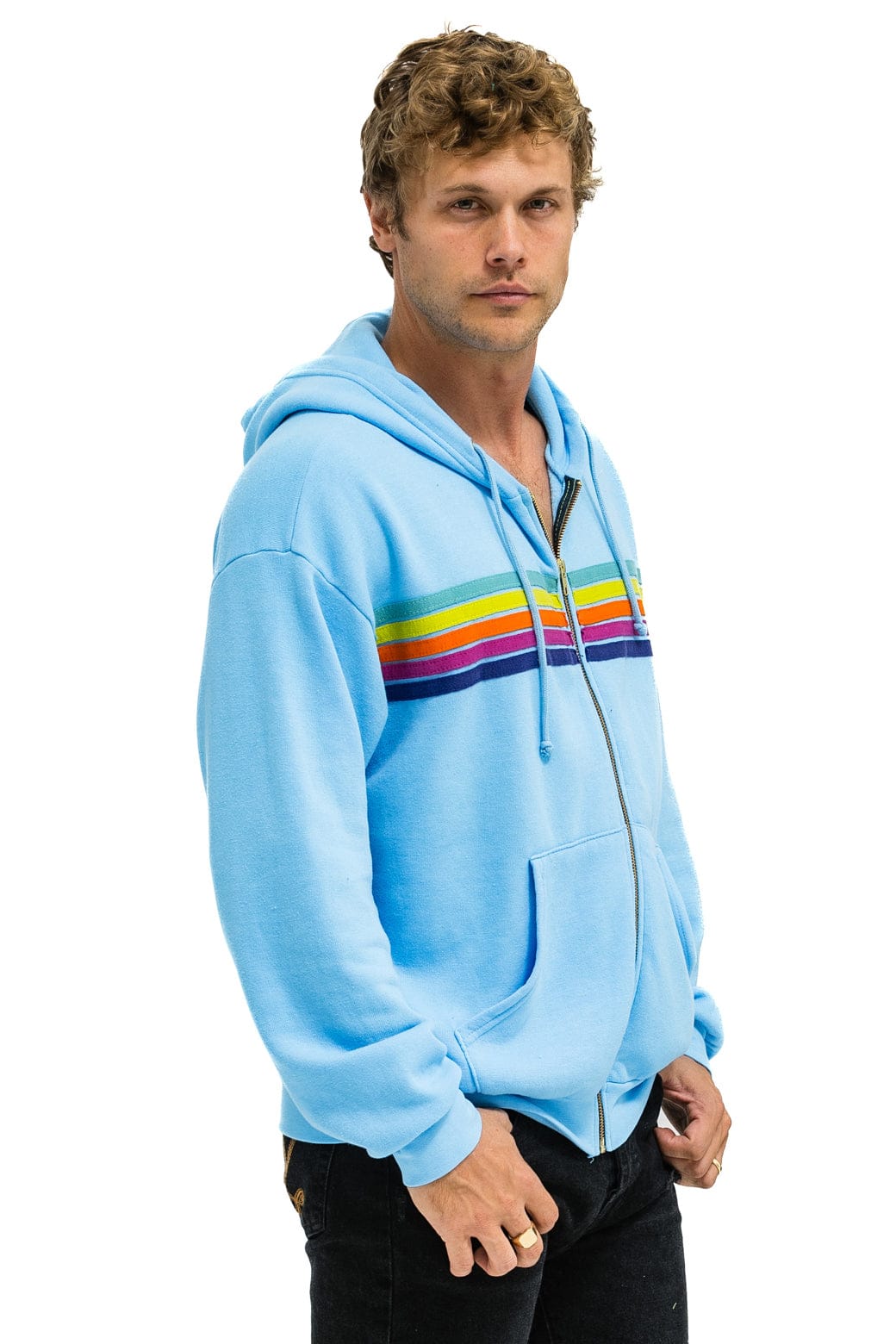 5 STRIPE RELAXED ZIP HOODIE - SKY // RAINBOW