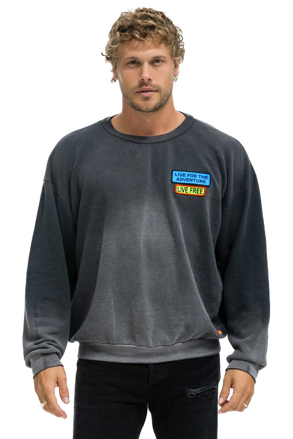 LIVE FREE + ADVENTURE PATCH RELAXED CREW SWEATSHIRT - FADED SMOKE