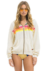5 STRIPE RELAXED ZIP HOODIE - VINTAGE WHITE // NEON