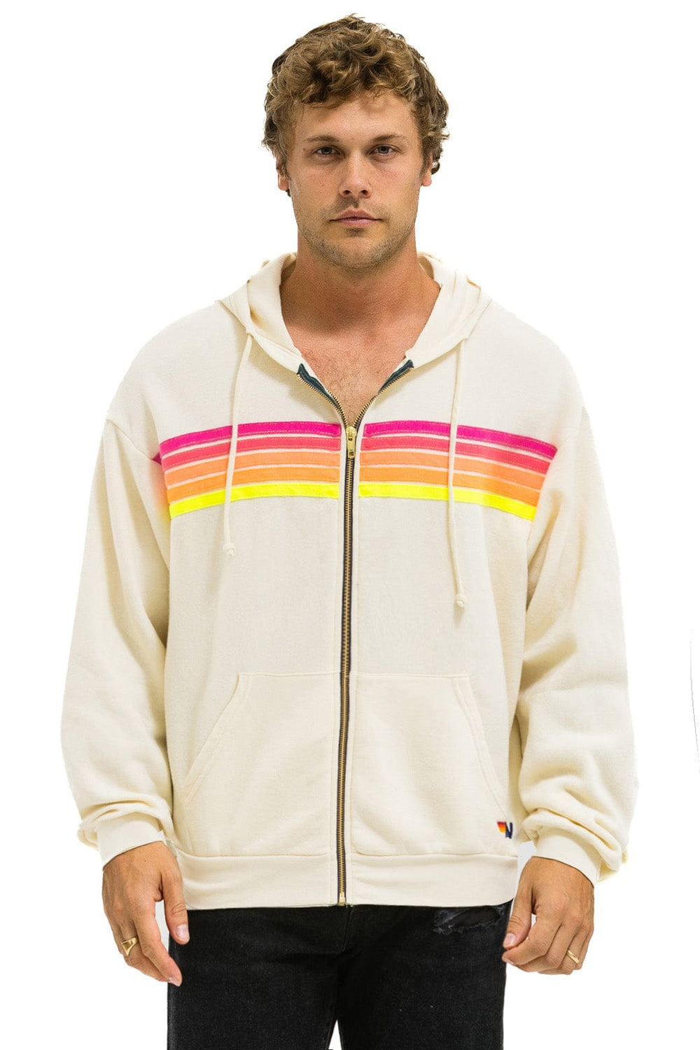5 STRIPE RELAXED ZIP HOODIE - VINTAGE WHITE // NEON