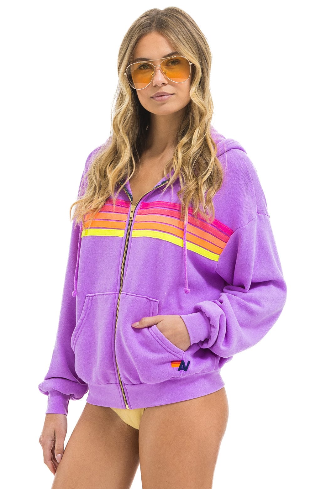 5 STRIPE RELAXED ZIP HOODIE - NEON PURPLE // NEON
