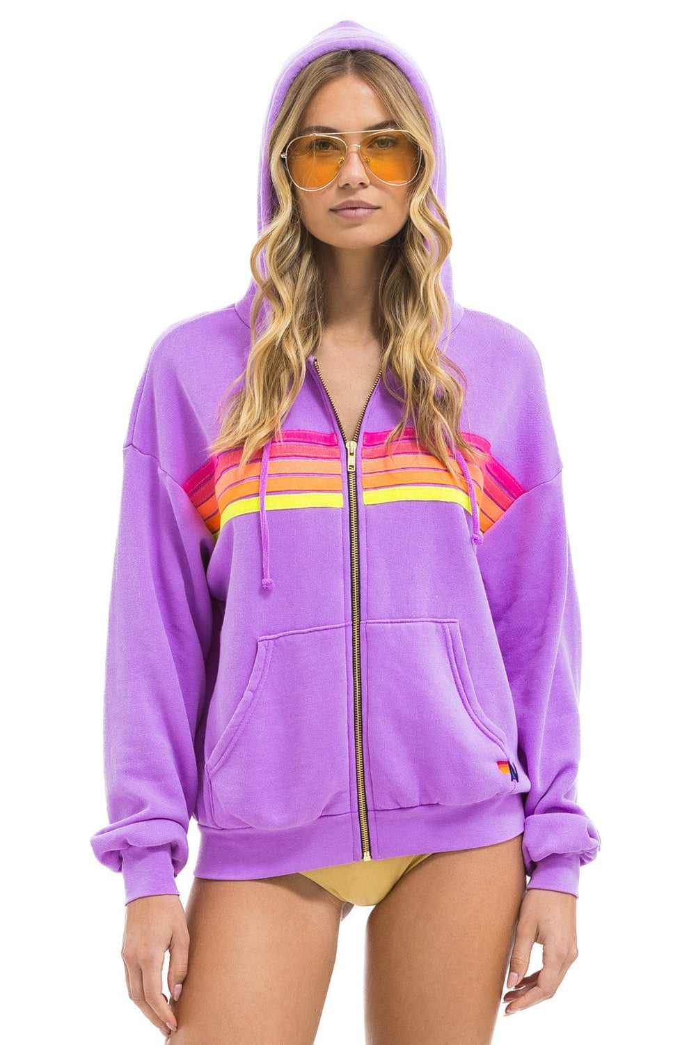 5 STRIPE RELAXED ZIP HOODIE - NEON PURPLE // NEON