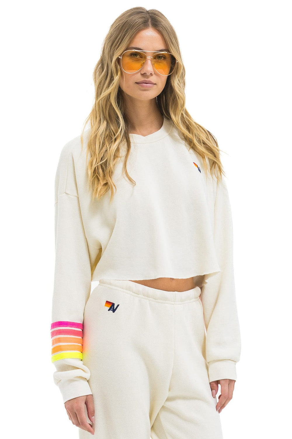 RUGBY STITCH CROPPED CREW SWEATSHIRT RELAXED - VINTAGE WHITE // NEON