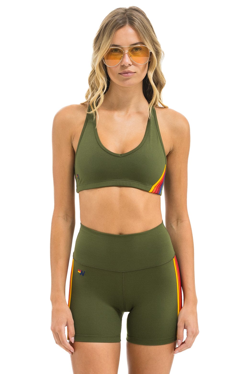 5 STRIPE RAINBOW 4 INCH HI-RISE BIKER SHORT - LEAF