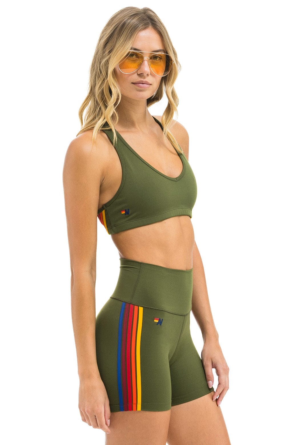 5 STRIPE RAINBOW 4 INCH HI-RISE BIKER SHORT - LEAF