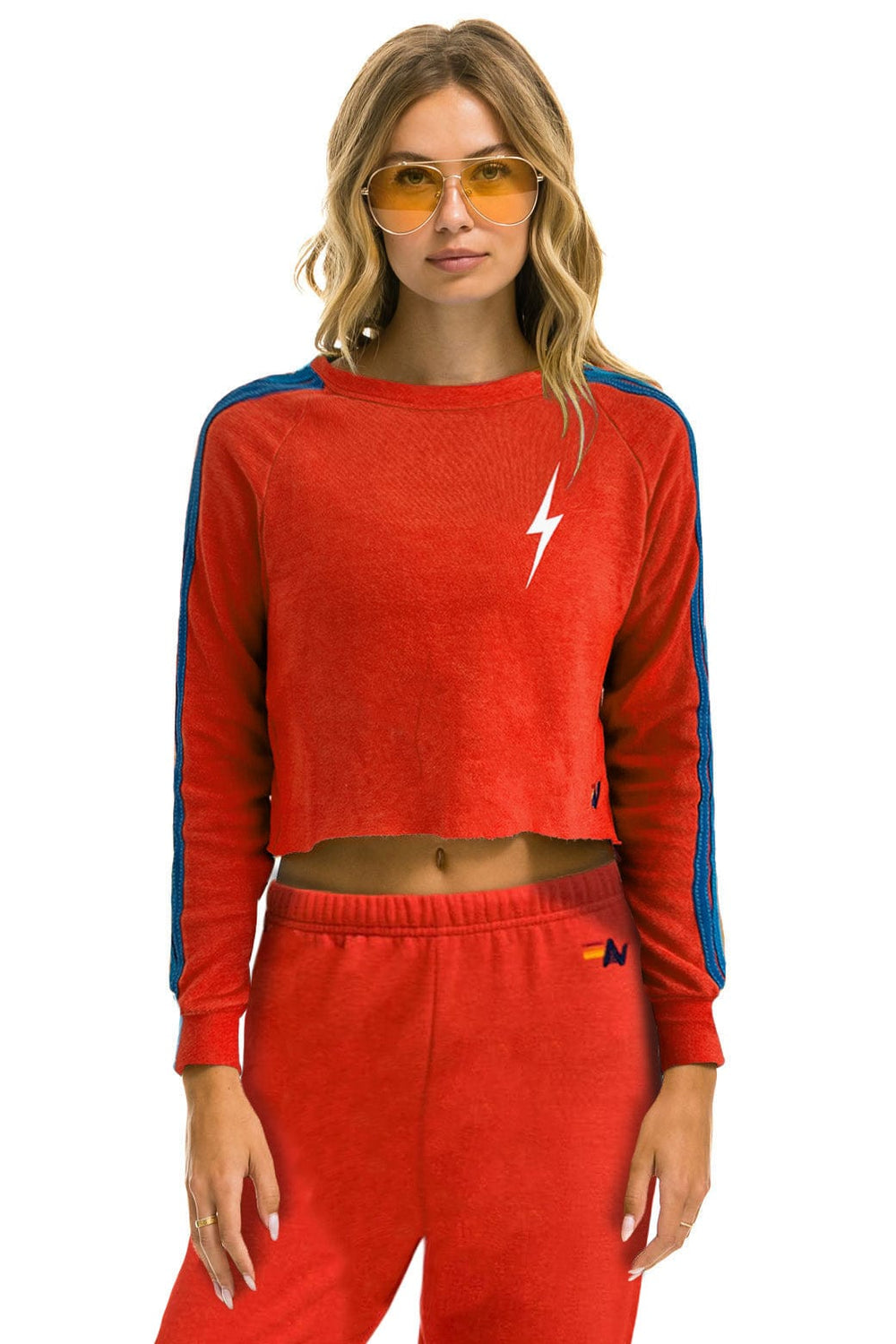 BOLT STRIPE 2 CROPPED CREW SWEATSHIRT - NEON RED