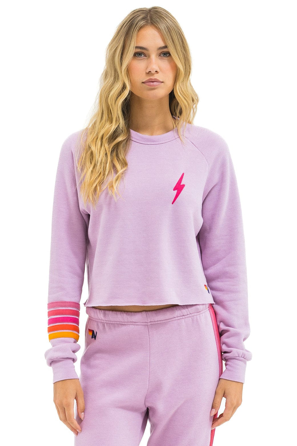BOLT RUGBY STITCH CROPPED CREW SWEATSHIRT - MAUVE // MAGENTA ORANGE