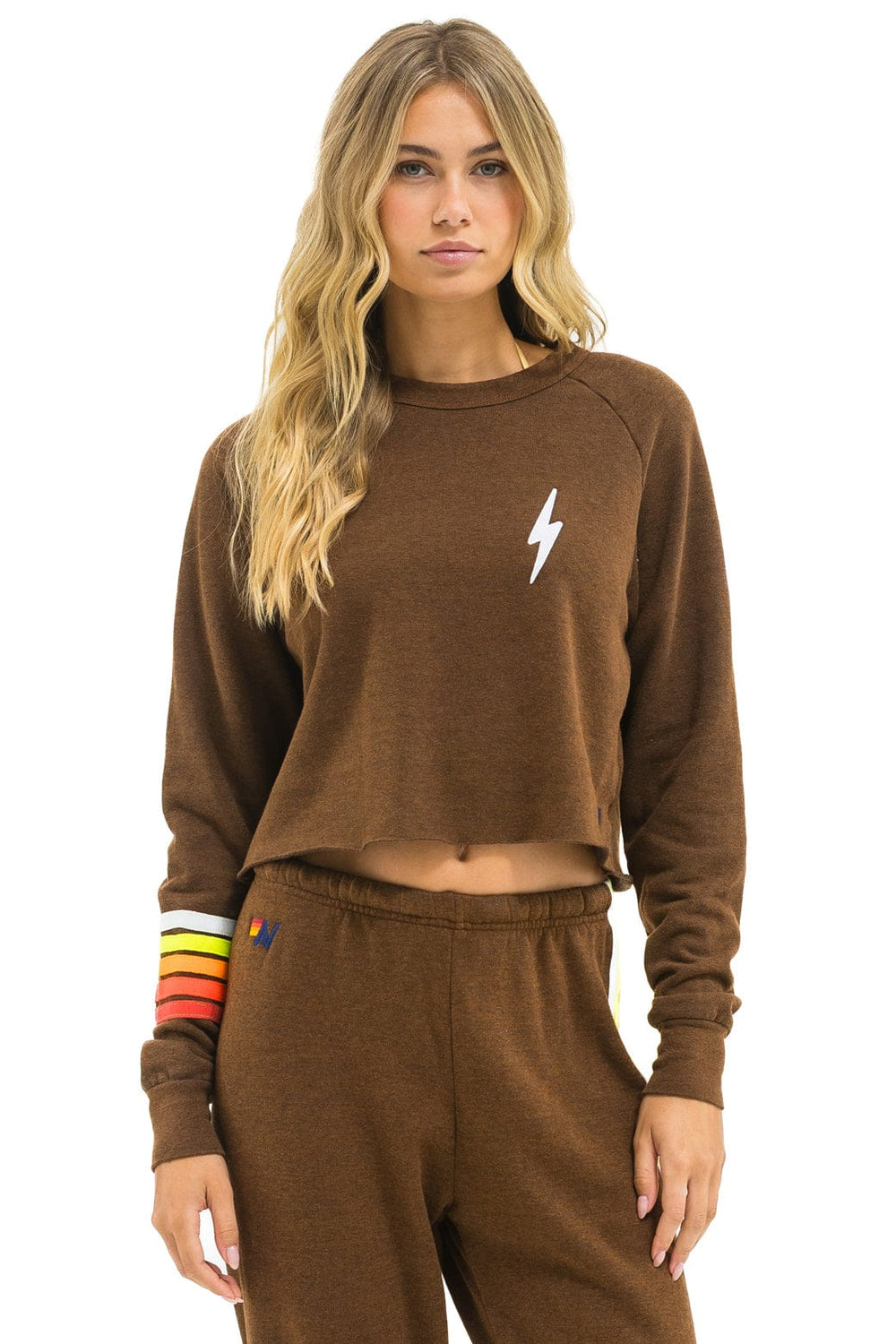 BOLT RUGBY STITCH CROPPED CREW SWEATSHIRT - CHOCOLATE // WHITE NEON
