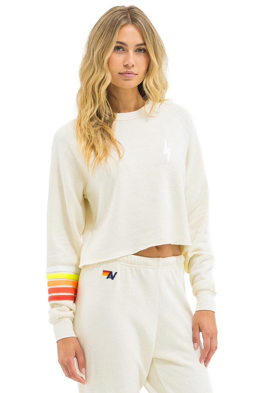 BOLT RUGBY STITCH CROPPED CREW SWEATSHIRT - VINTAGE WHITE // WHITE NEON