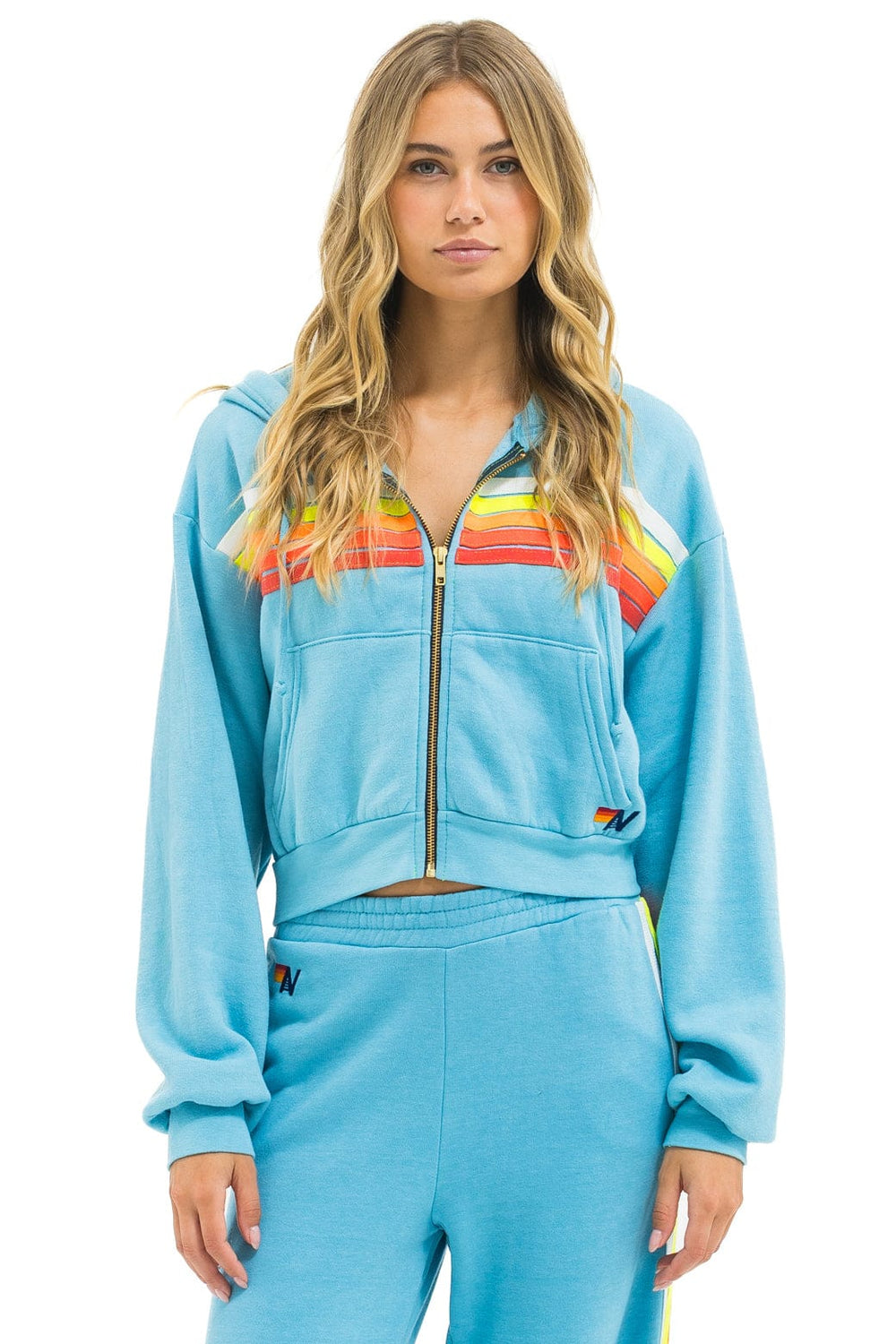 5 STRIPE CROPPED ZIP HOODIE RELAXED - AQUA // WHITE NEON