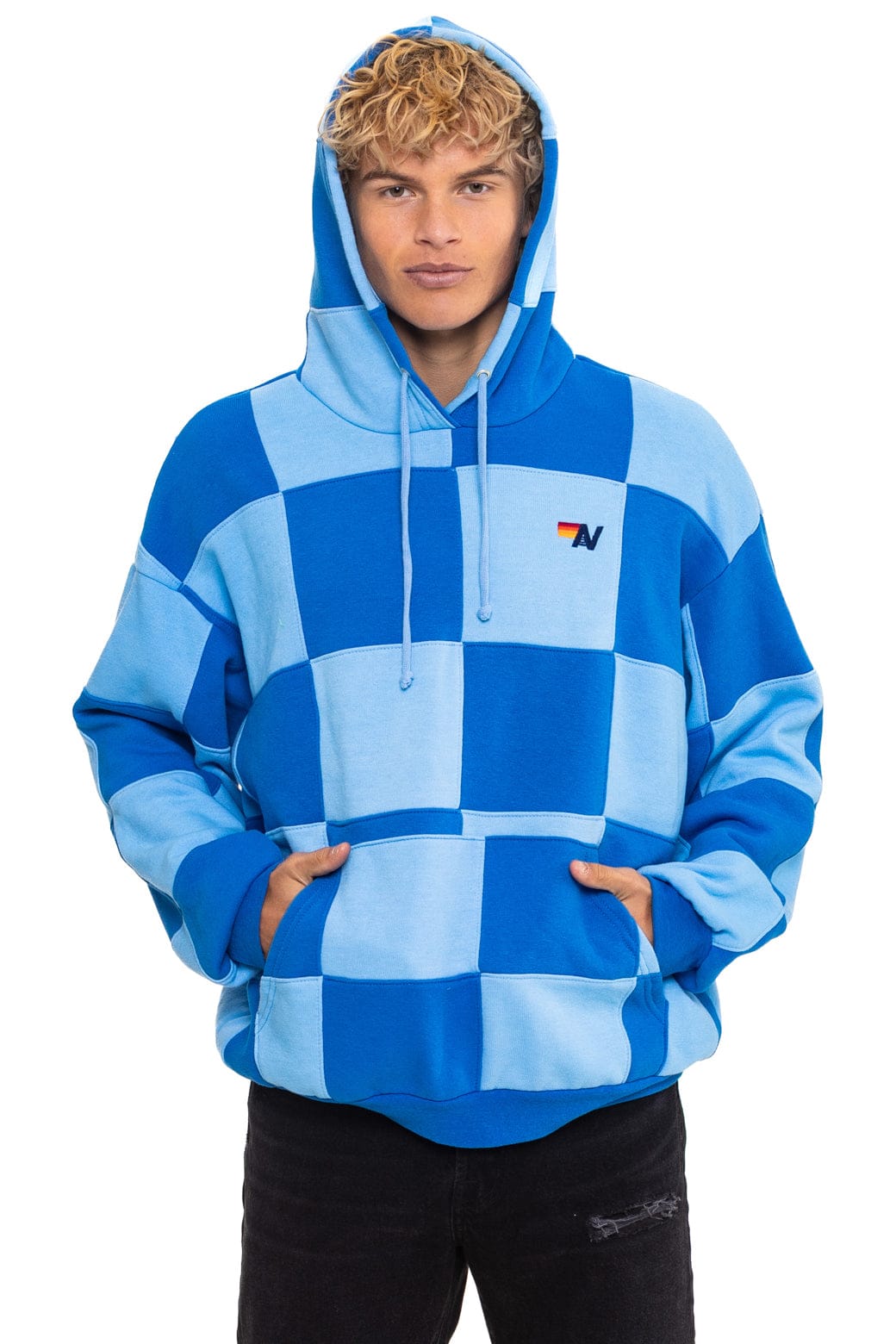 CHECK QUILT RELAXED PULLOVER HOODIE - SKY // ADVENTURE BLUE