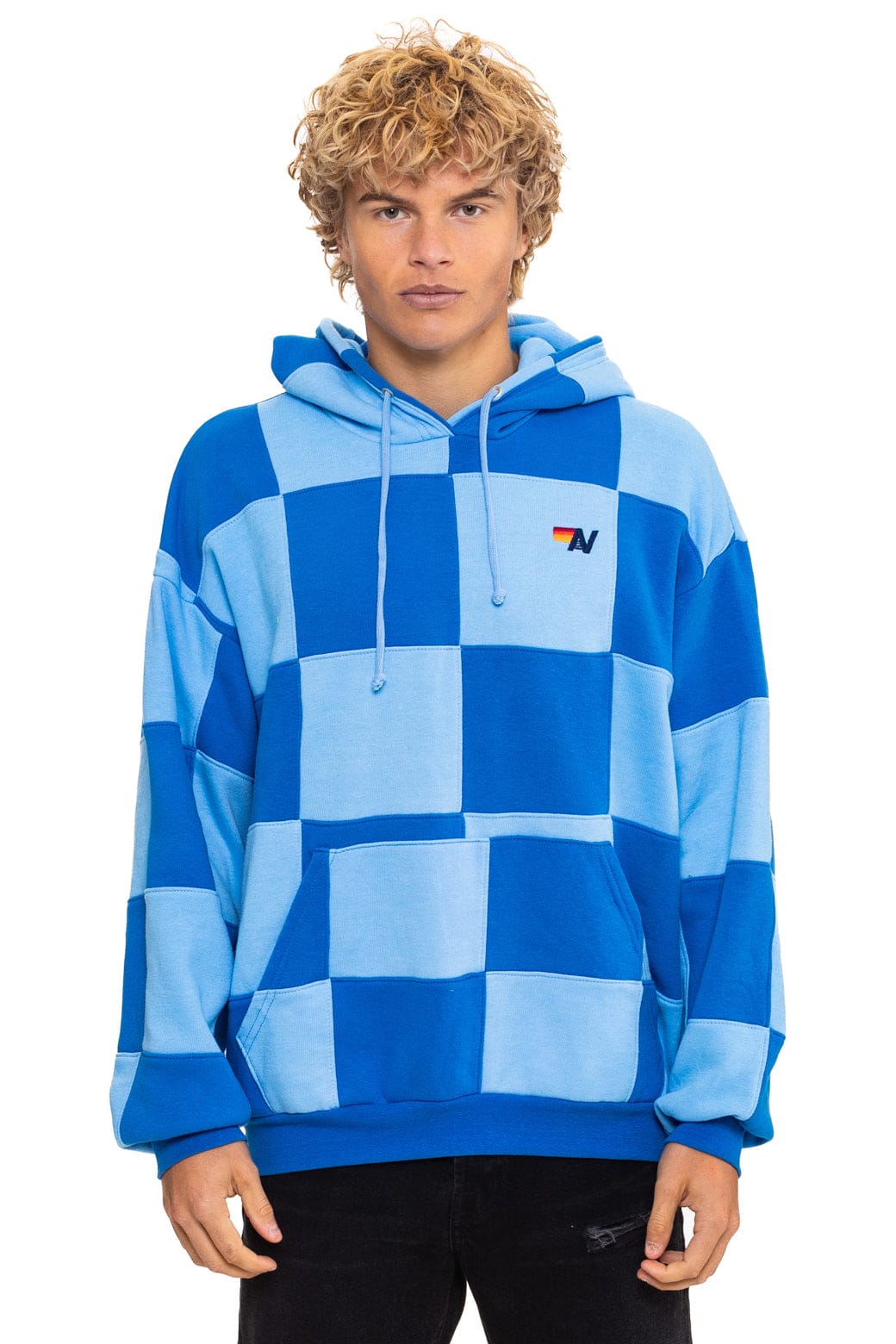 CHECK QUILT RELAXED PULLOVER HOODIE - SKY // ADVENTURE BLUE
