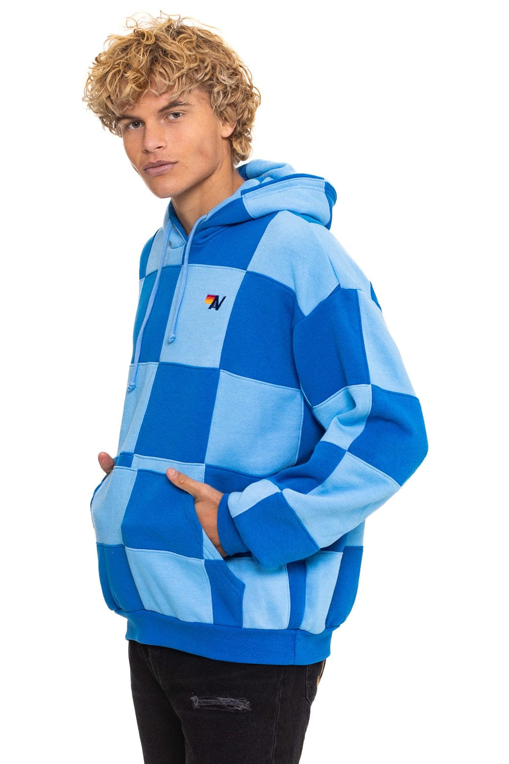 CHECK QUILT RELAXED PULLOVER HOODIE - SKY // ADVENTURE BLUE
