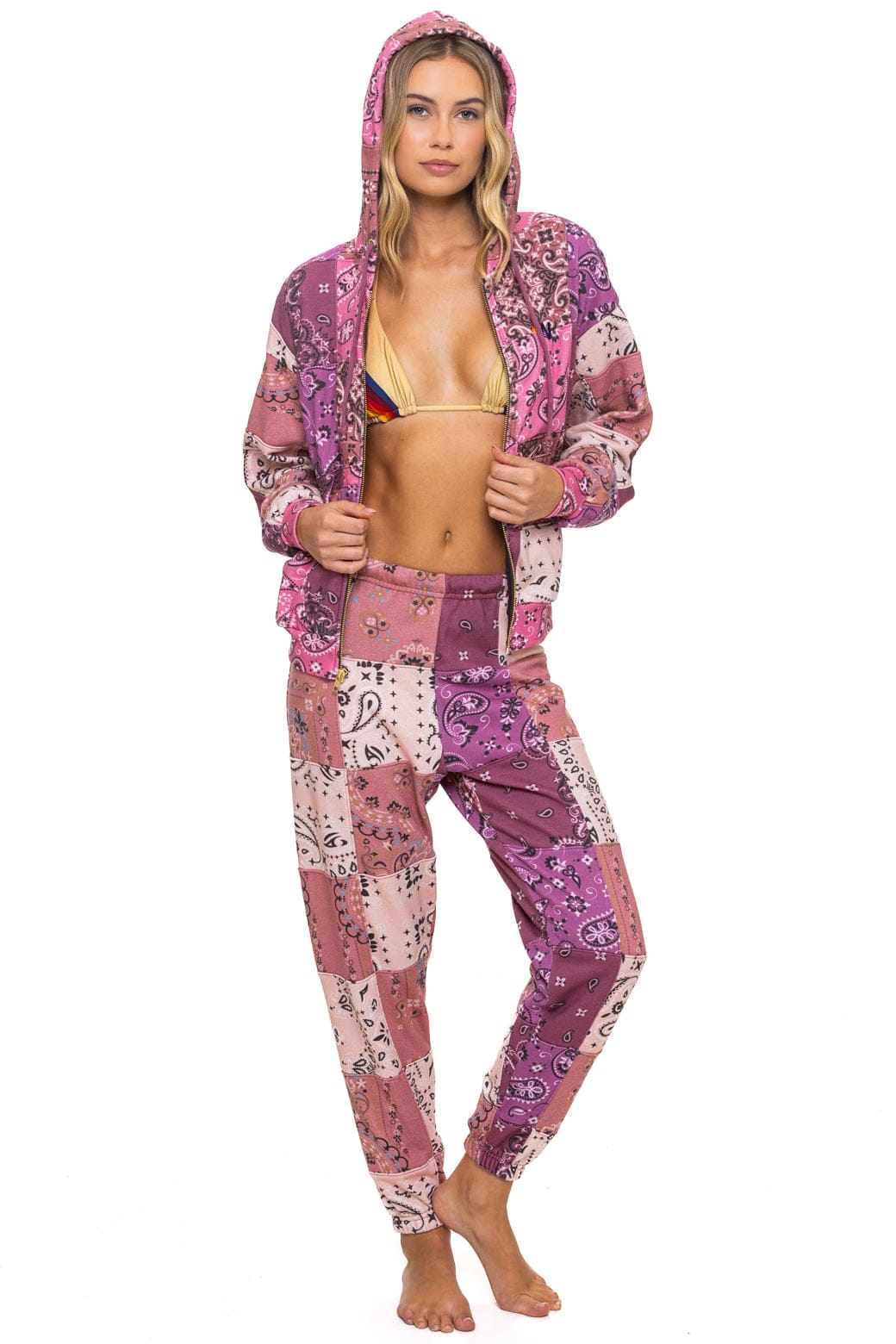 BANDANA QUILTED RELAXED ZIP HOODIE - PINK