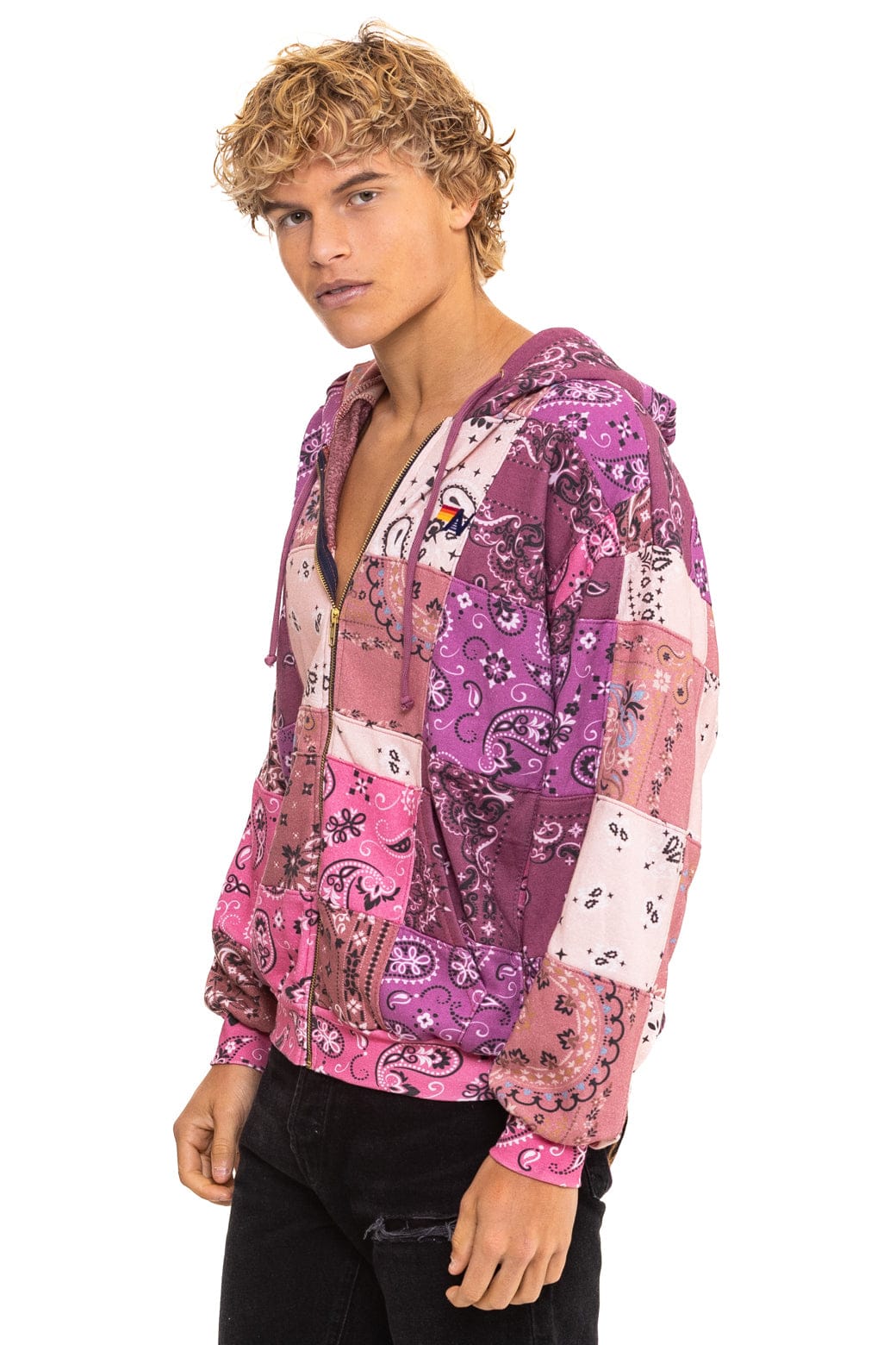 BANDANA QUILTED RELAXED ZIP HOODIE - PINK