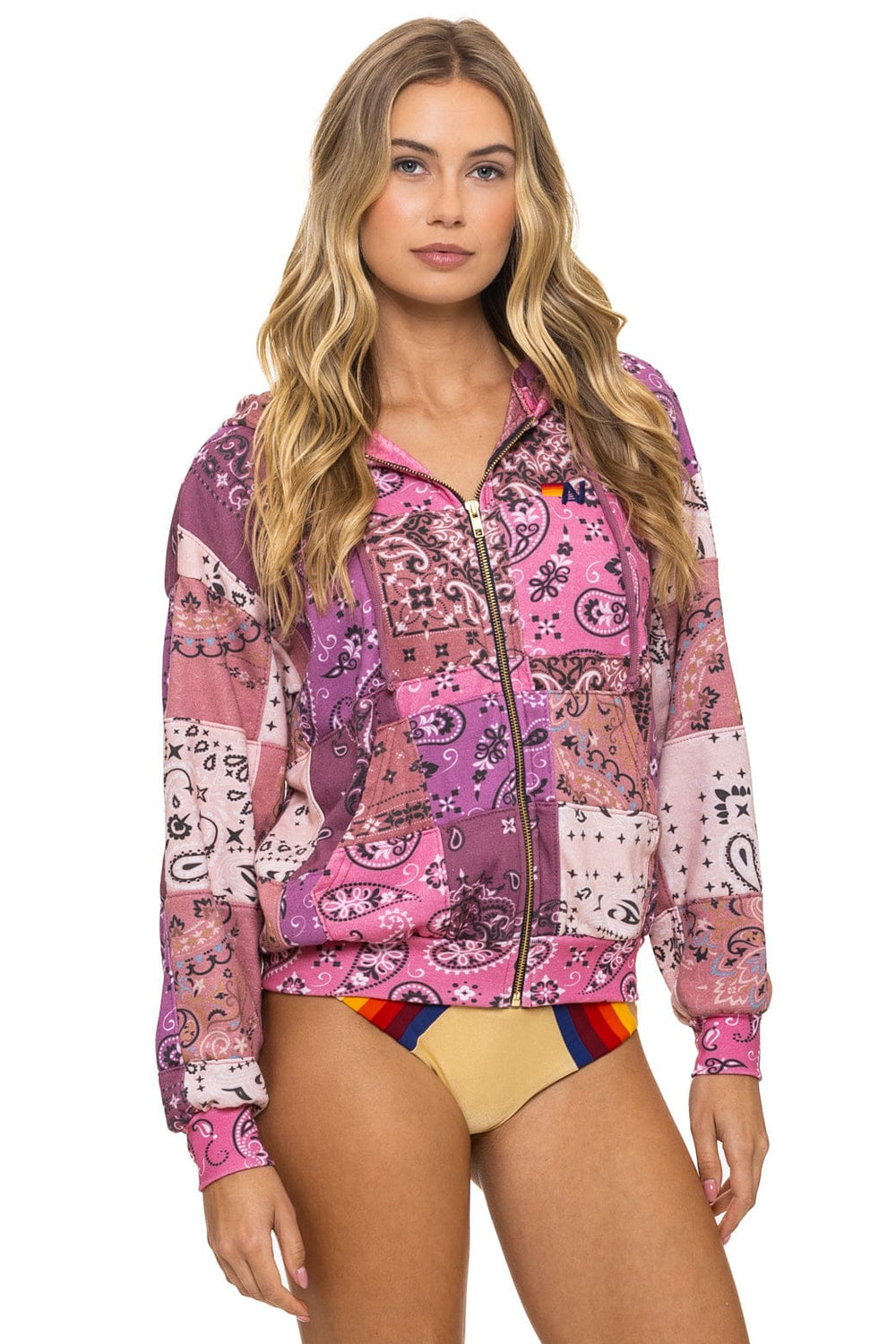 BANDANA QUILTED RELAXED ZIP HOODIE - PINK