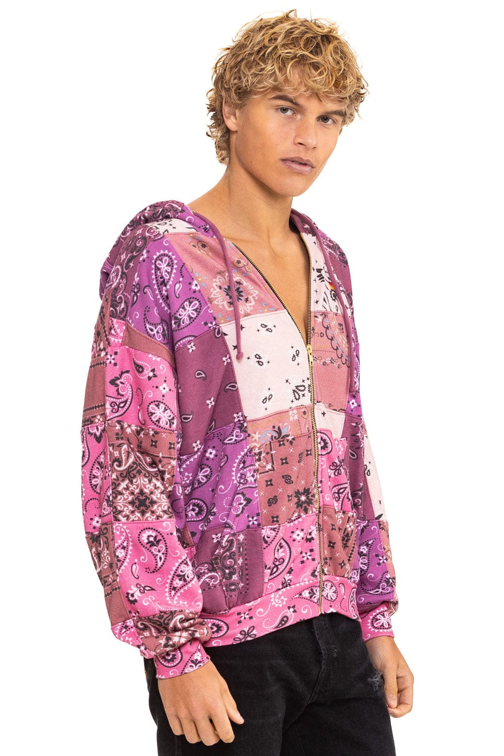 BANDANA QUILTED RELAXED ZIP HOODIE - PINK