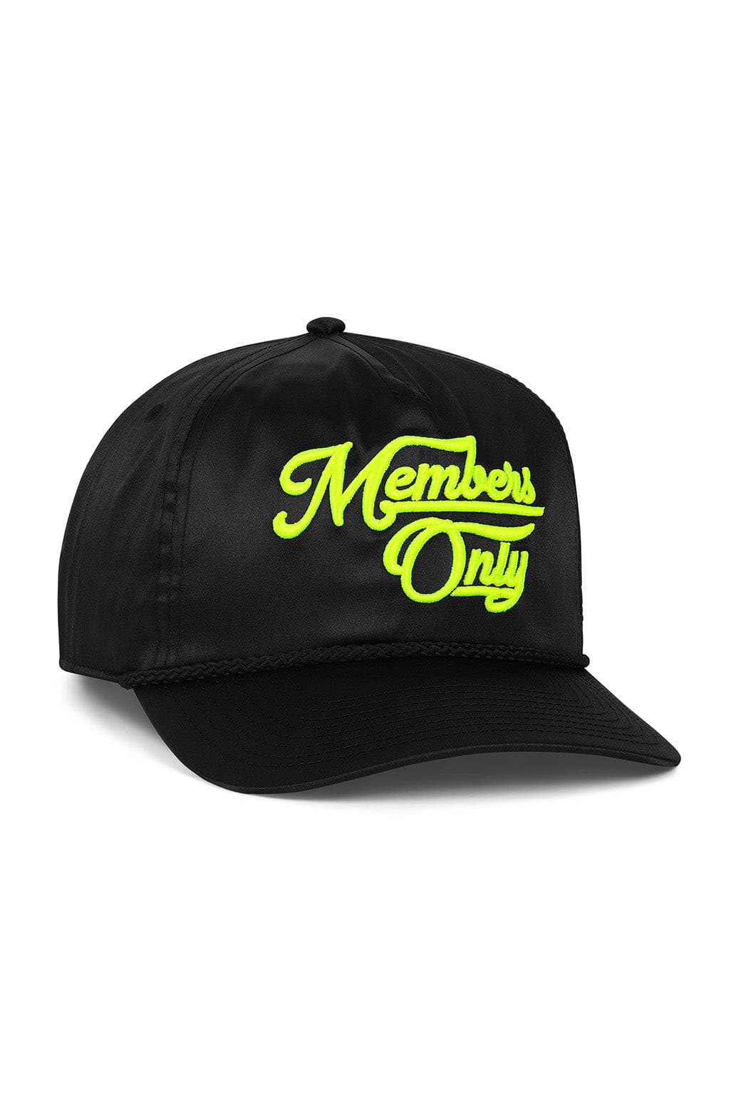 MEMBERS EXCLUSIVE VINTAGE SATIN SCRIPT TRUCKER HAT - BLACK // NEON YELLOW